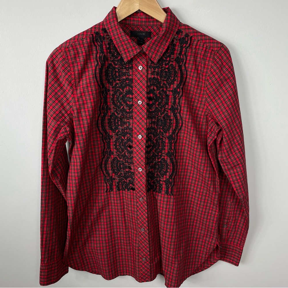 J. Crew plaid embroidered Christmas button down Sz6